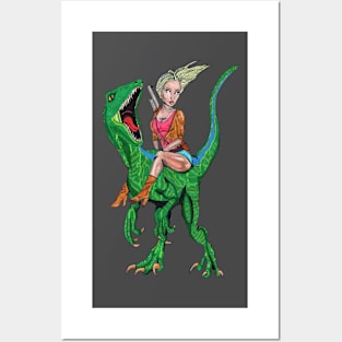 Girl Riding Dinosaur Velociraptor Posters and Art